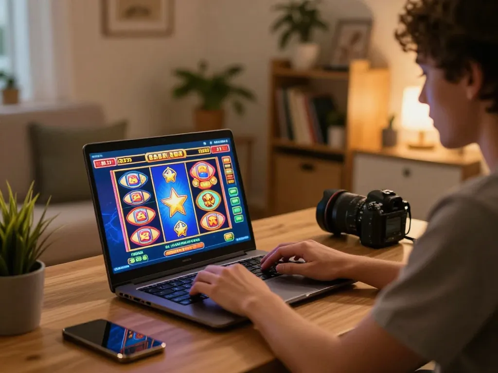 Engaging in NK 88 online slot gaming session at home with cozy atmosphere.