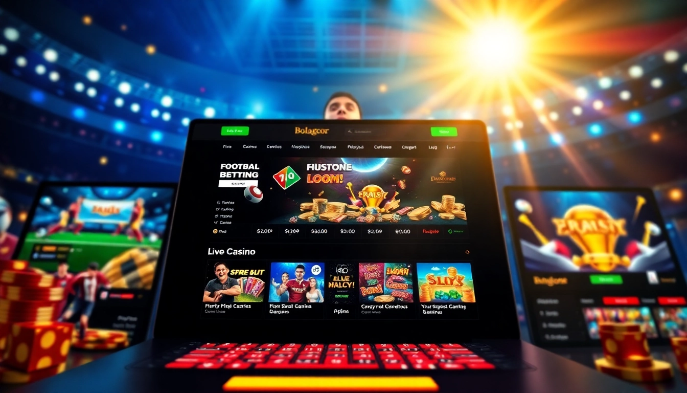 Engaging online gambling platform interface showcasing bolagacor gaming options like football betting and slots.