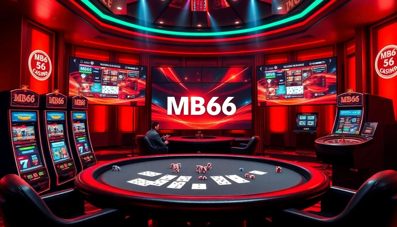 MB66 online gaming platform showcased in a vibrant casino atmosphere with poker players and glamorous decor.