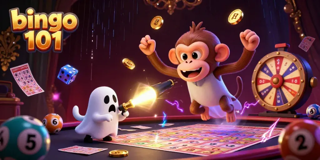 Bingo 101 scene showing a playful monkey juggling bingo elements and a curious puppy tracking it.
