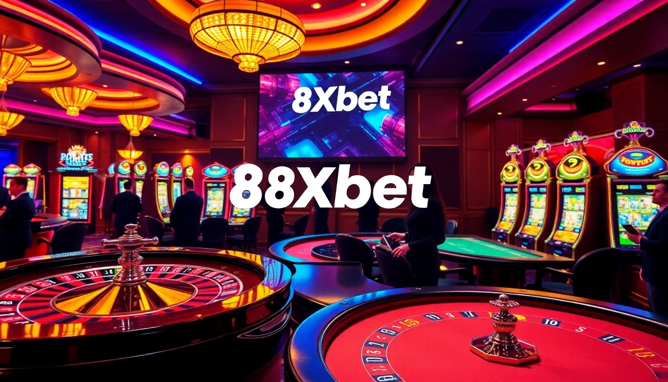 Experience high-stakes excitement at 8Xbet with vibrant casino visuals of roulette and poker games.