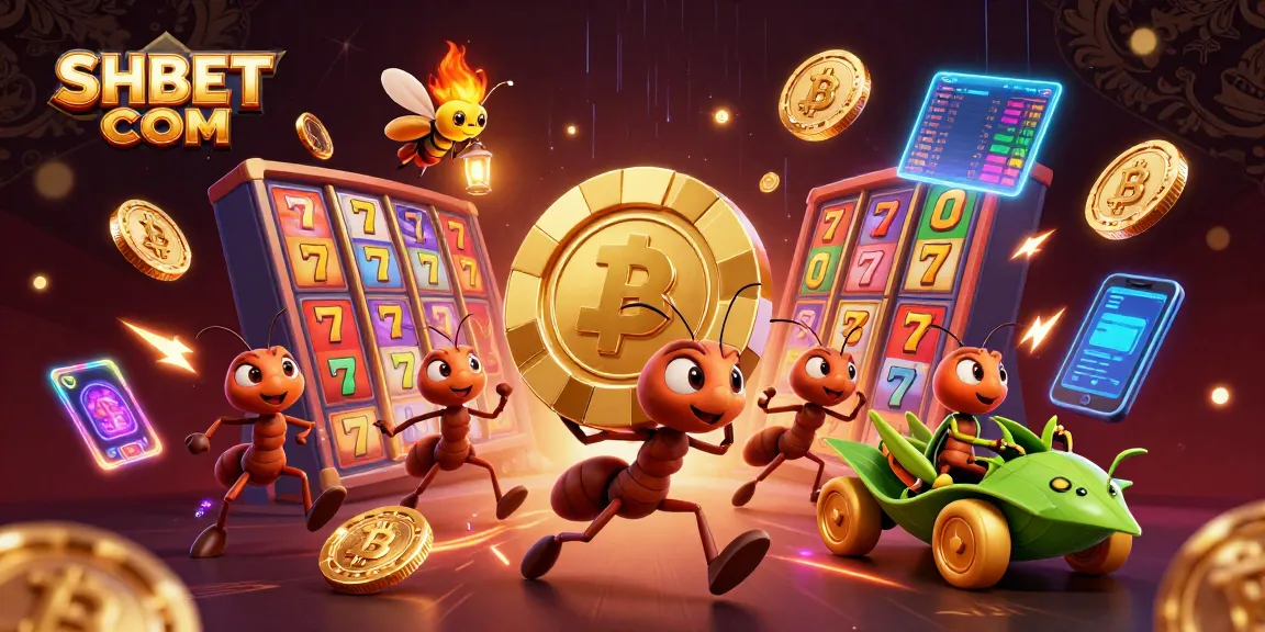 Enhance your gaming with SHBET COM's immersive experience featuring ants, gold chips, and vibrant casino elements.