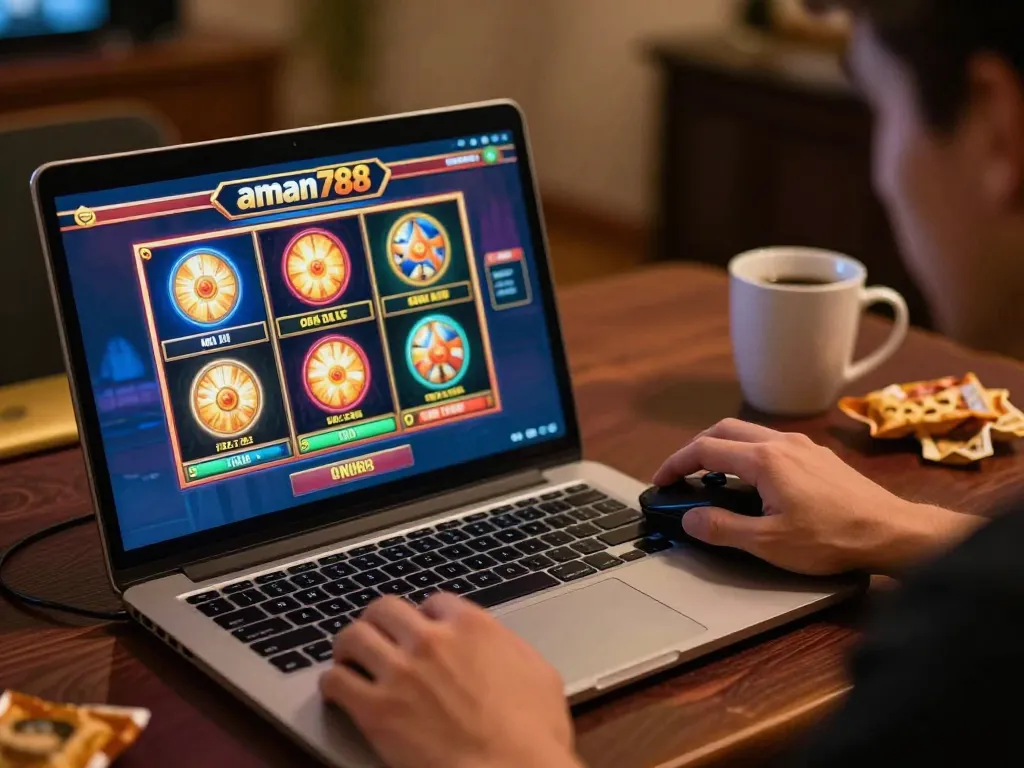 Engaging with the aman788 slot online platform, a focused player enjoys immersive gameplay on their laptop.