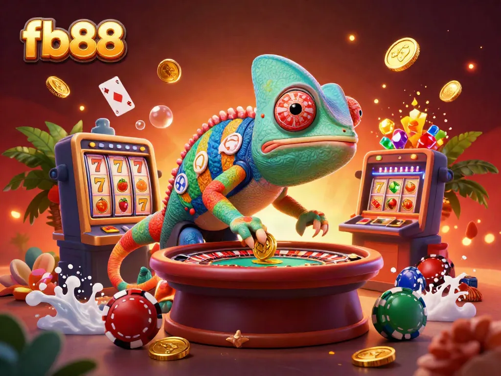 Join the action at fb88 with an energetic scene featuring a vibrant chameleon casino owner and exciting game elements!