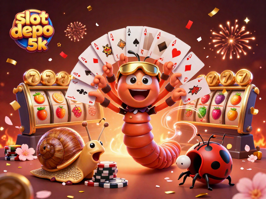 Engage with slot depo 5k in a vibrant 3D scene featuring animated characters and festive elements.
