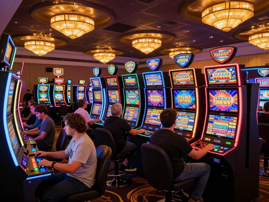 Pemain menikmati keseruan permainan Slot Demo di kasino yang semarak.
