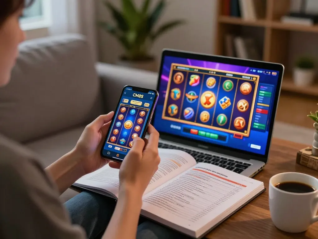 Player engaging in CM88 mobile slots on a smartphone within a cozy home environment.