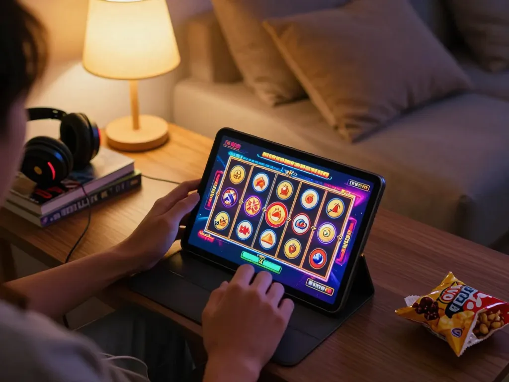 Engaging live slot gaming experience on tablet showcasing link slot gacor in a cozy living room.