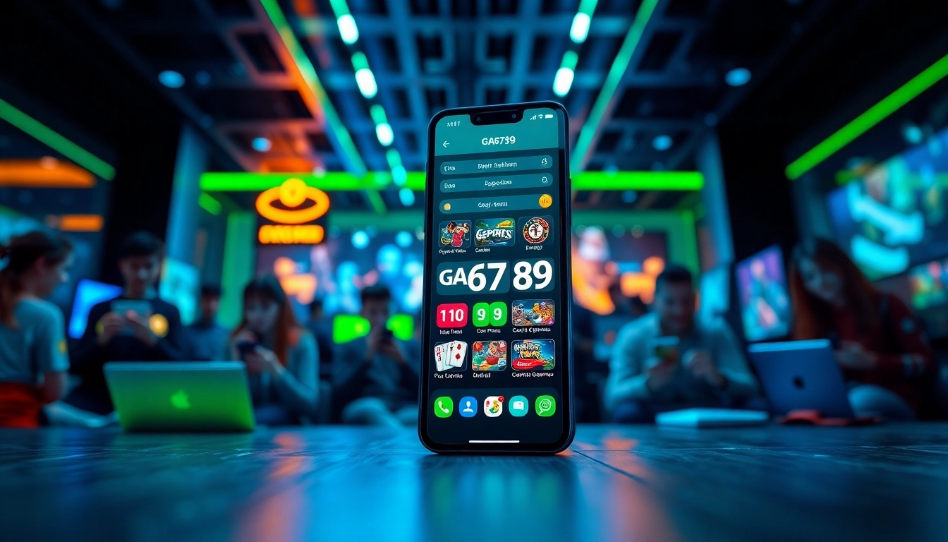 Engaging gaming scene showcasing GA6789 mobile app with vibrant icons.