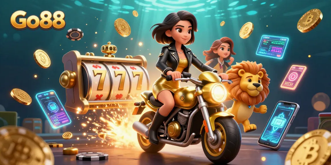 Experience the excitement of Go88 with a dazzling 3D casino scene featuring a rider on a golden lion mascot and vibrant slot elements.