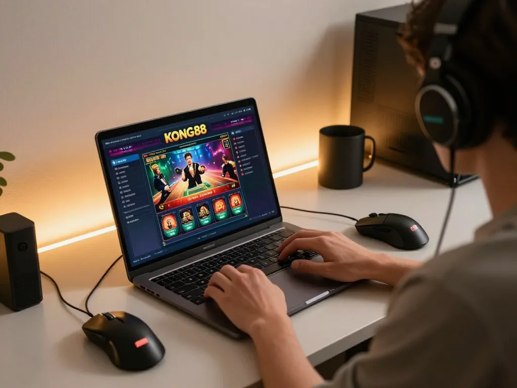 KONG88 online casino gameplay on a laptop with immersive graphics in a comfortable gaming setup.