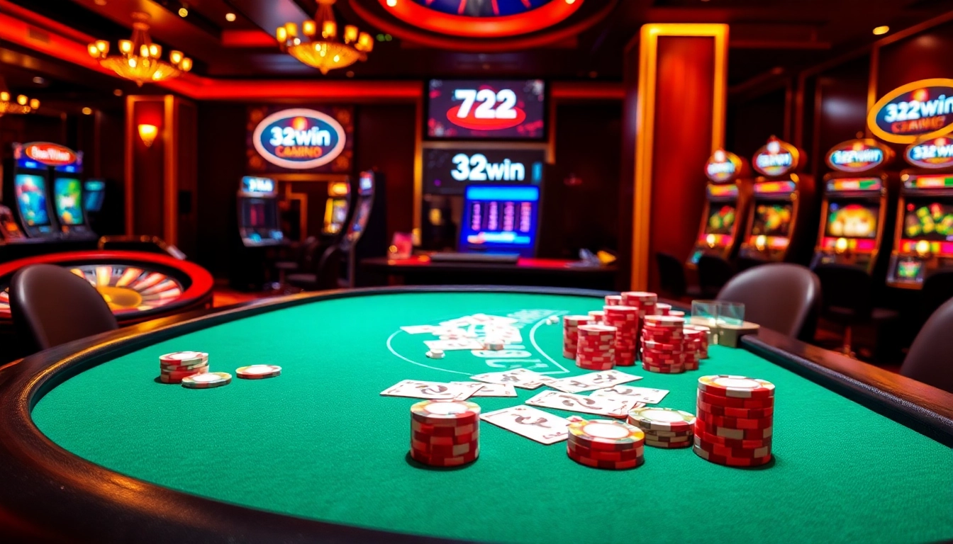 Experience the excitement of 32win casino with vibrant poker tables and glamorous slot machines.