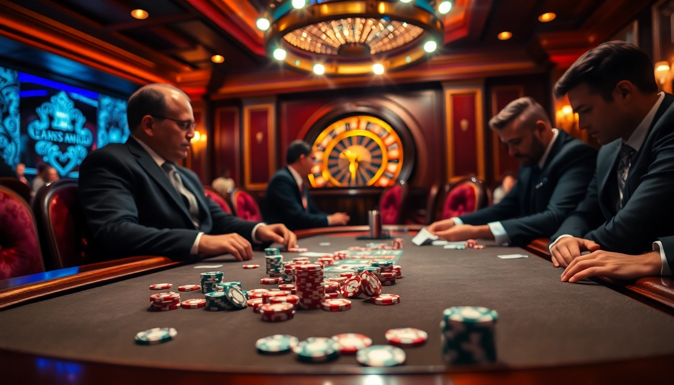 Engaging poker game at a luxury casino showcasing XX88 betting excitement with chips and cards.
