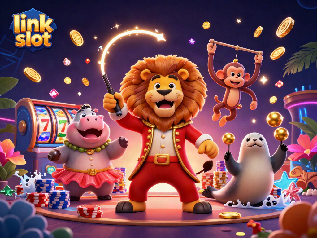Experience fun with the link slot as a lion ringmaster leads a circus of shimmering casino excitement.