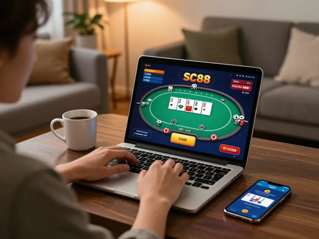 Engaged user playing SC88 poker game online on a laptop in a cozy home environment