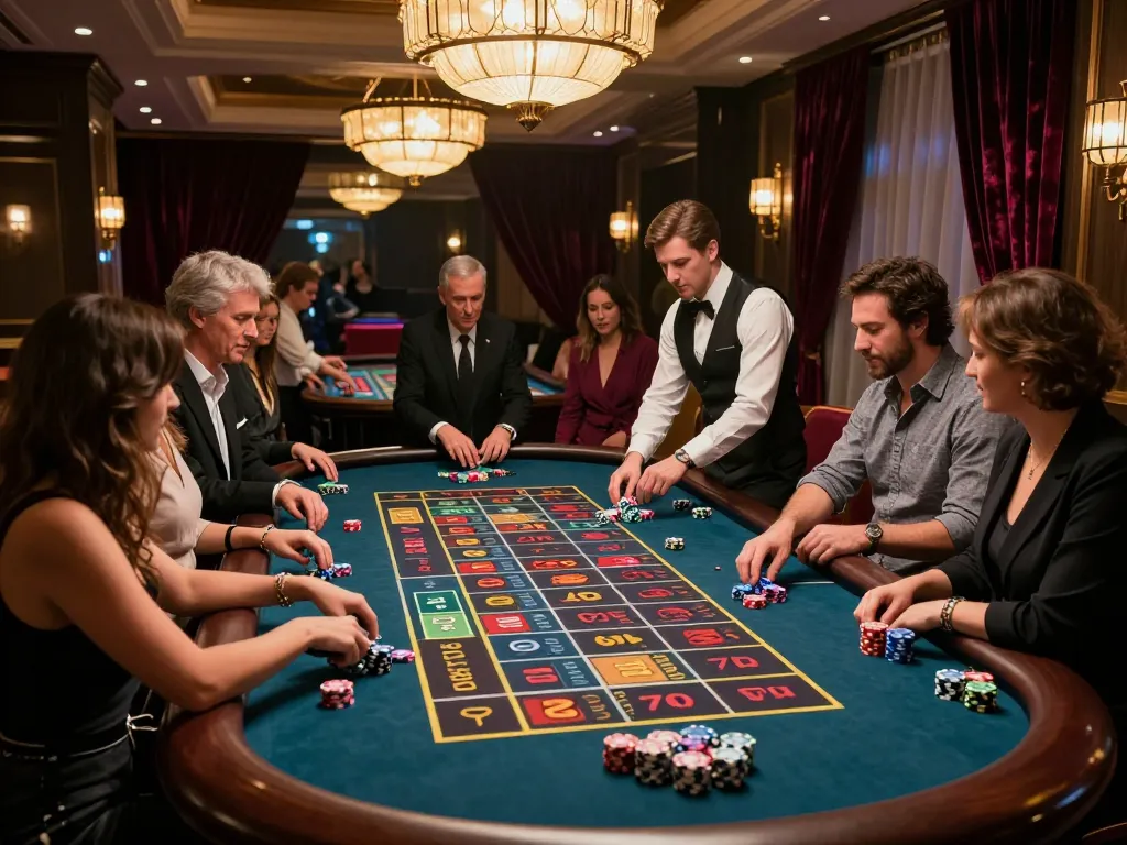 Players engage excitedly at a roulette table, betting on 5679 in a bustling casino atmosphere.