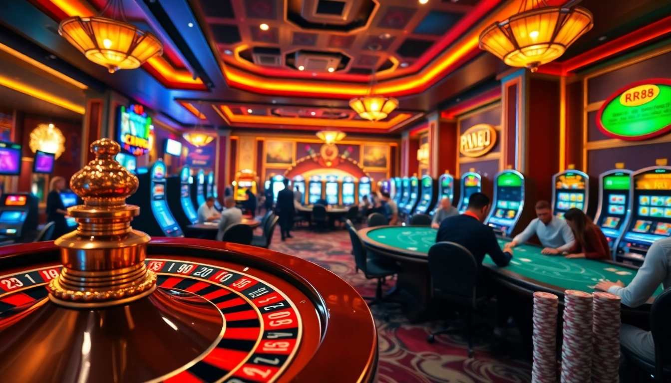 Experience the excitement of RR88 online gambling with vibrant casino scenes and thrilling action.