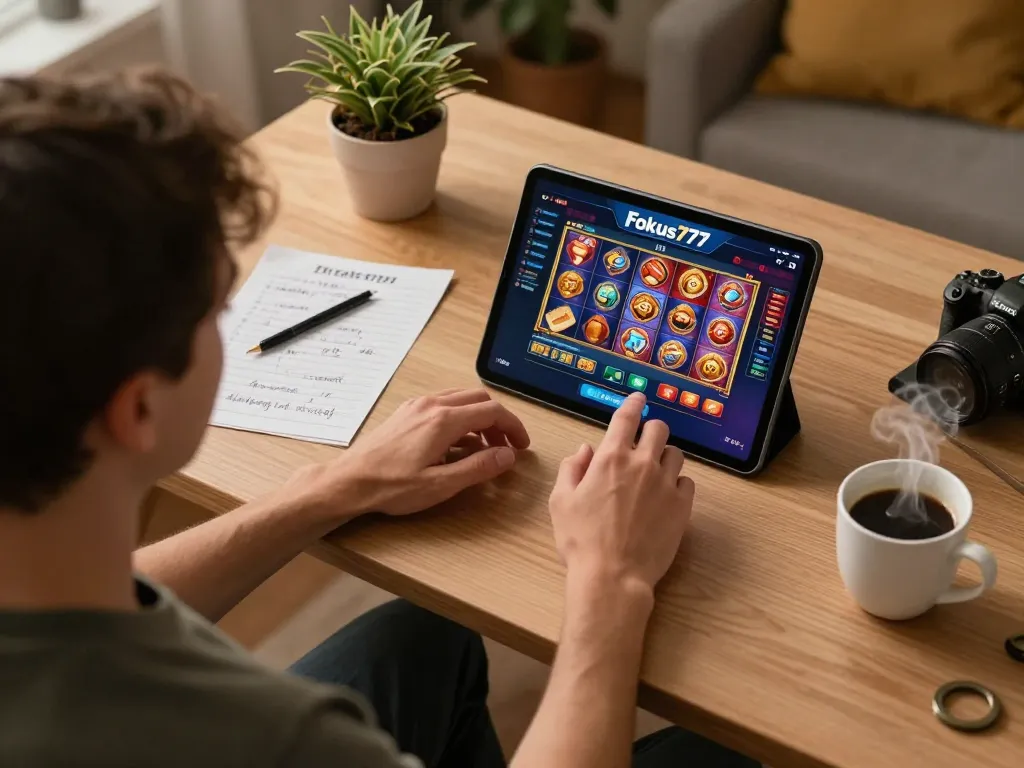 Engaged player exploring Fokus777 online gaming platform on tablet in a cozy home setup.