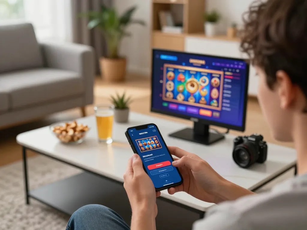 Experience exciting mobile gaming with NEKATWIN link alternatif, showing a player using their smartphone.
