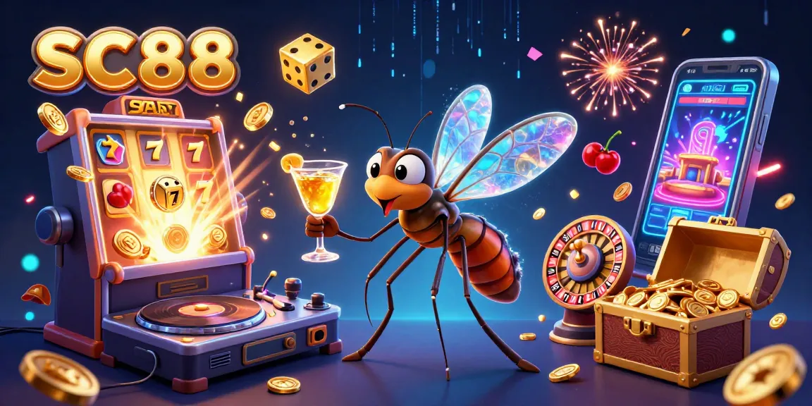 Engage with SC88's vibrant casino scene featuring a frozen-in-amber mosquito mascot amidst a jackpot explosion.