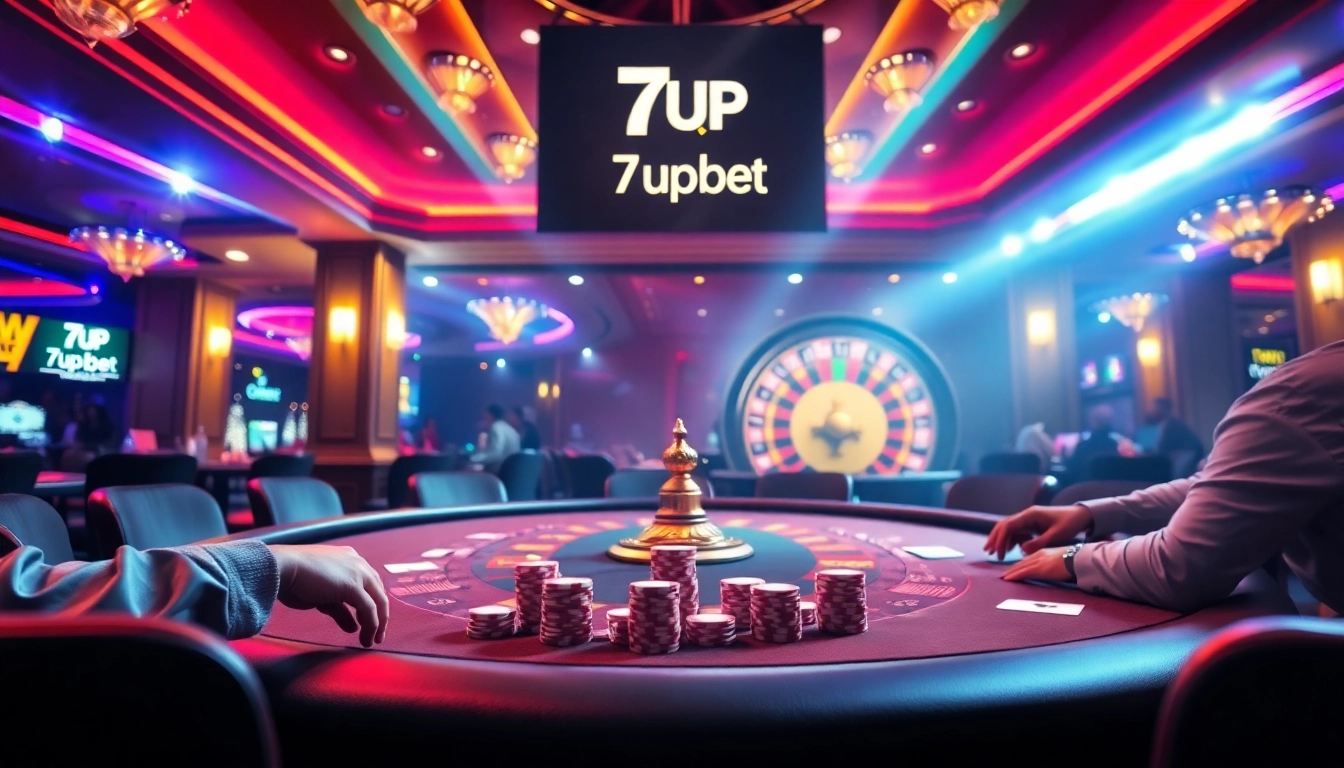 Players engaged in an exciting poker game at 7upbet casino, showcasing luxury and thrill.