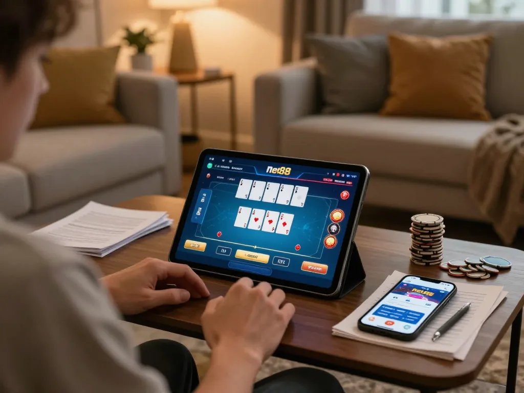 Person playing poker on net88 app in a cozy living room, showcasing online gambling experience.