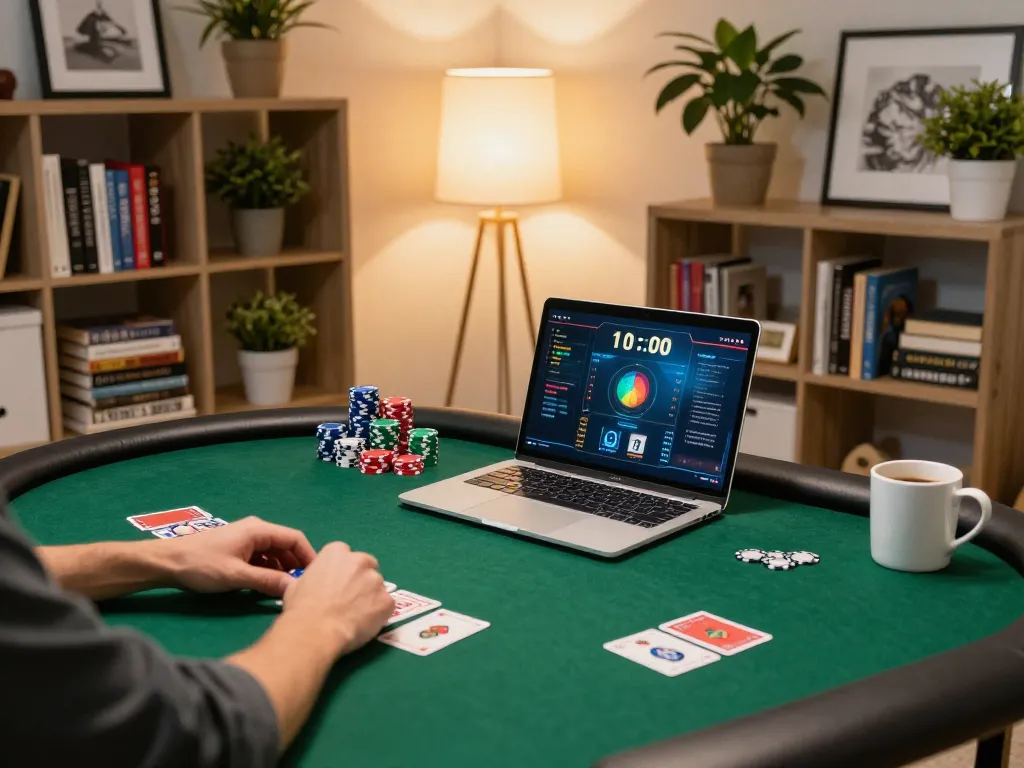 Person playing poker on laptop at home, engaged in strategic gameplay through dacsandatphanrang.com.
