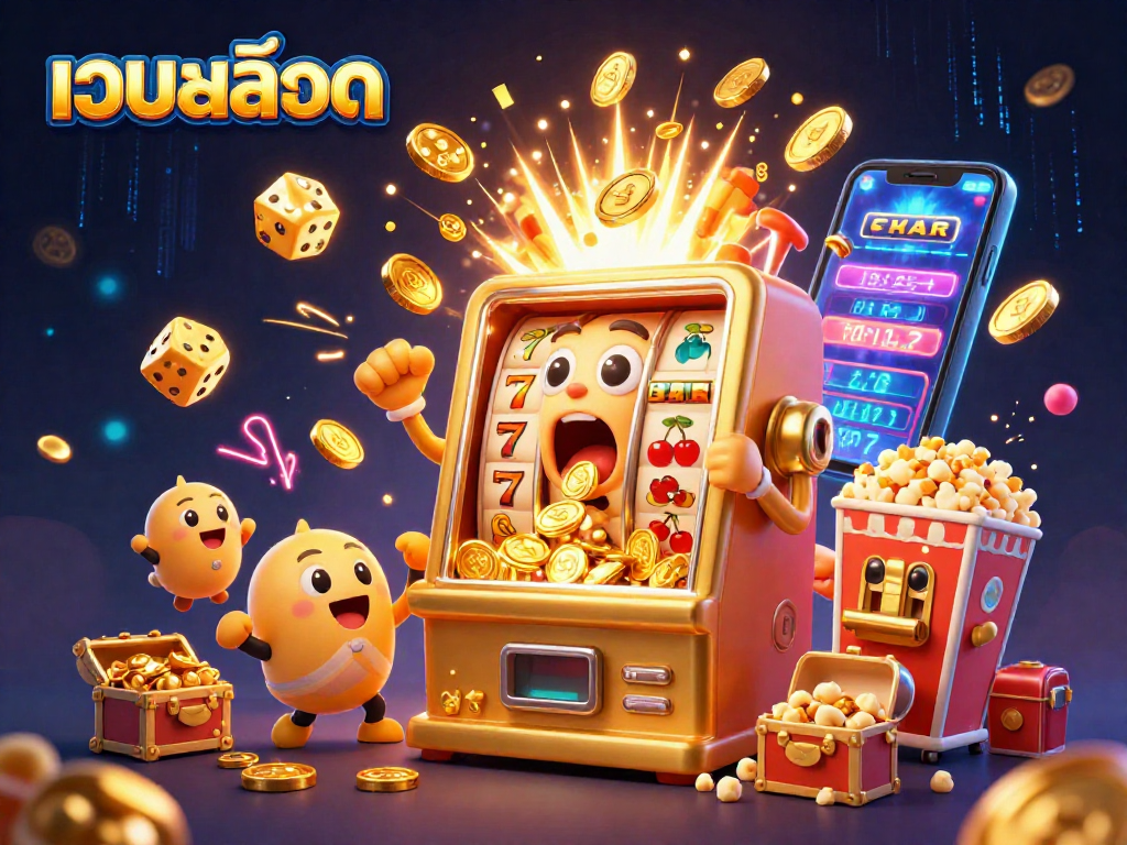 Exciting เว็บสล็อต scene with a golden slot machine celebrating a jackpot, surrounded by dynamic casino elements.