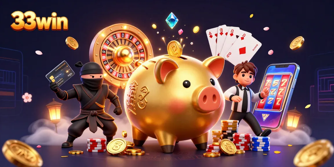 Exciting gameplay at 33win features a sumo wrestler, ninja, and referee in a dynamic casino scene.