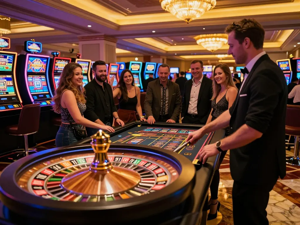 SIN88 players engaging at a lively roulette table under golden lighting in a luxurious casino.