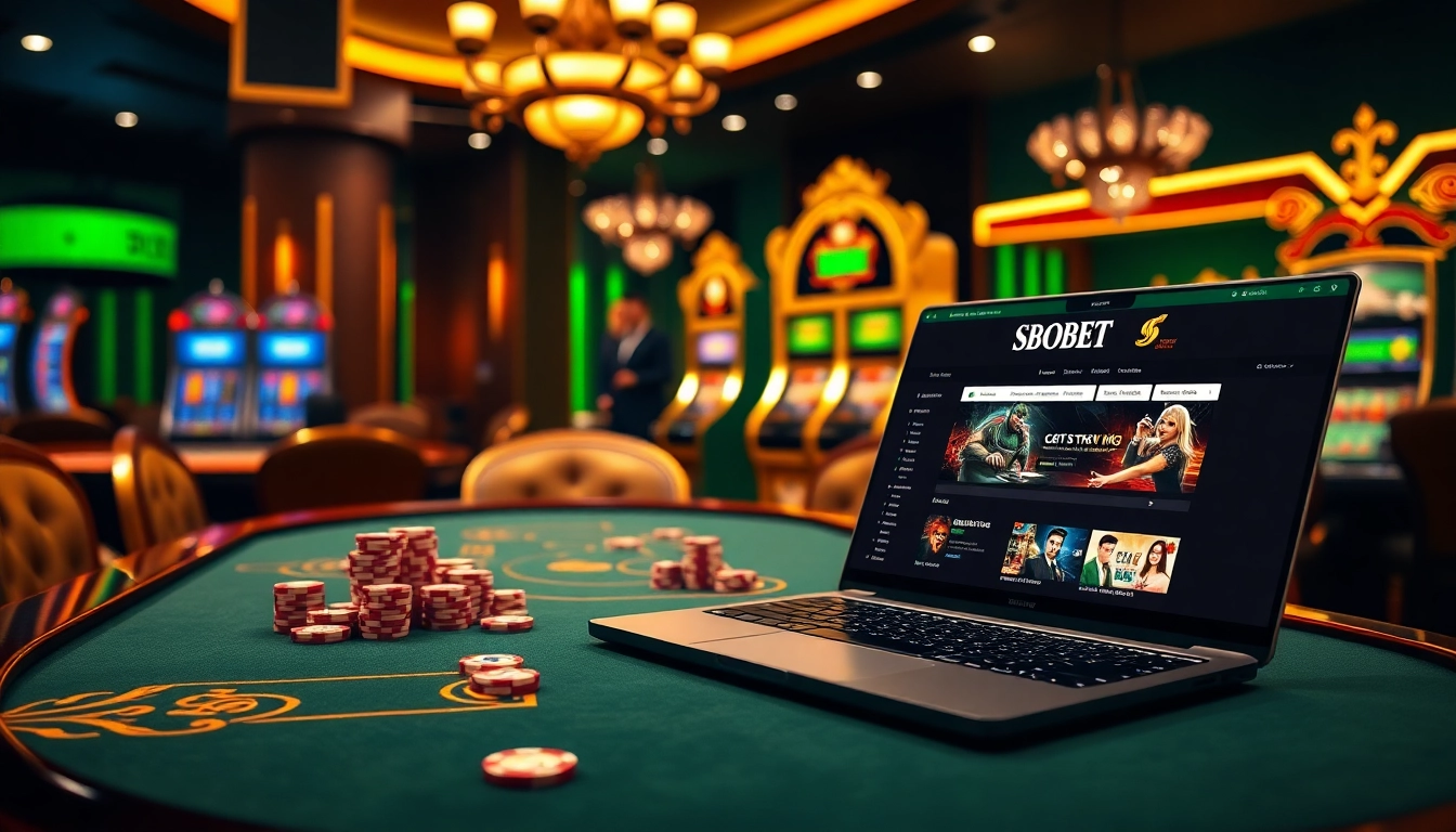 Engage with the thrill of link alternatif sbobet amid vibrant casino elements like poker chips and slot machines.