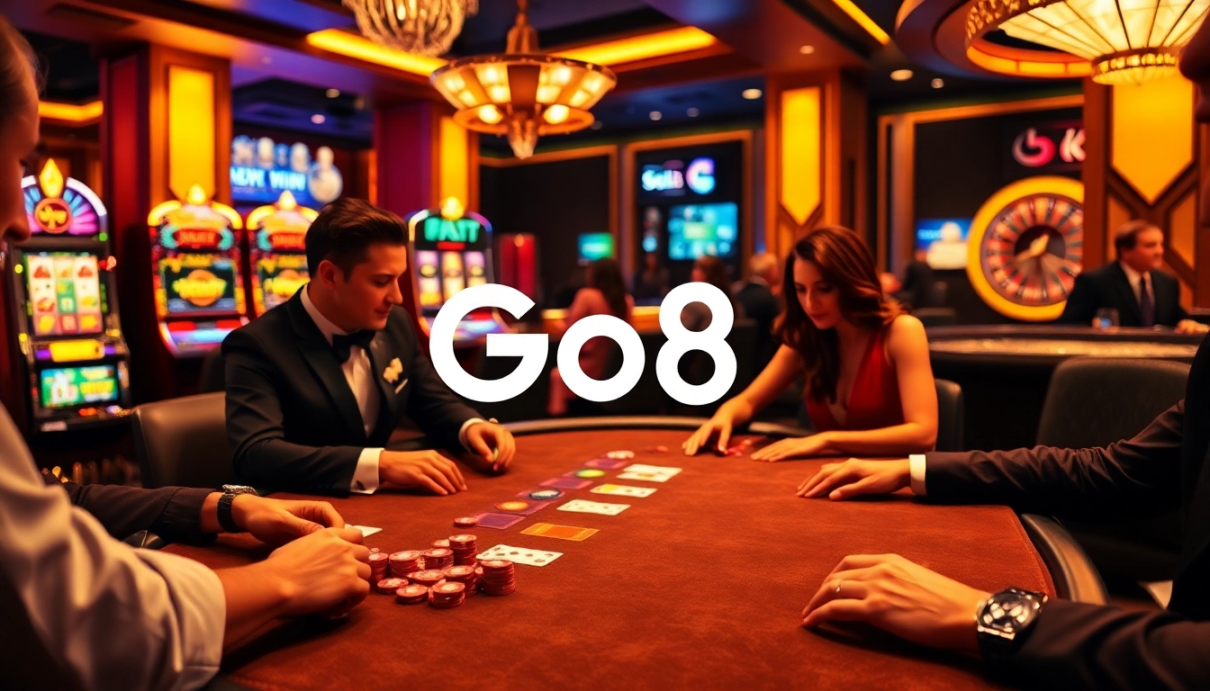 Experience thrilling gaming at Go8 with vibrant casino elements and engaging poker players.