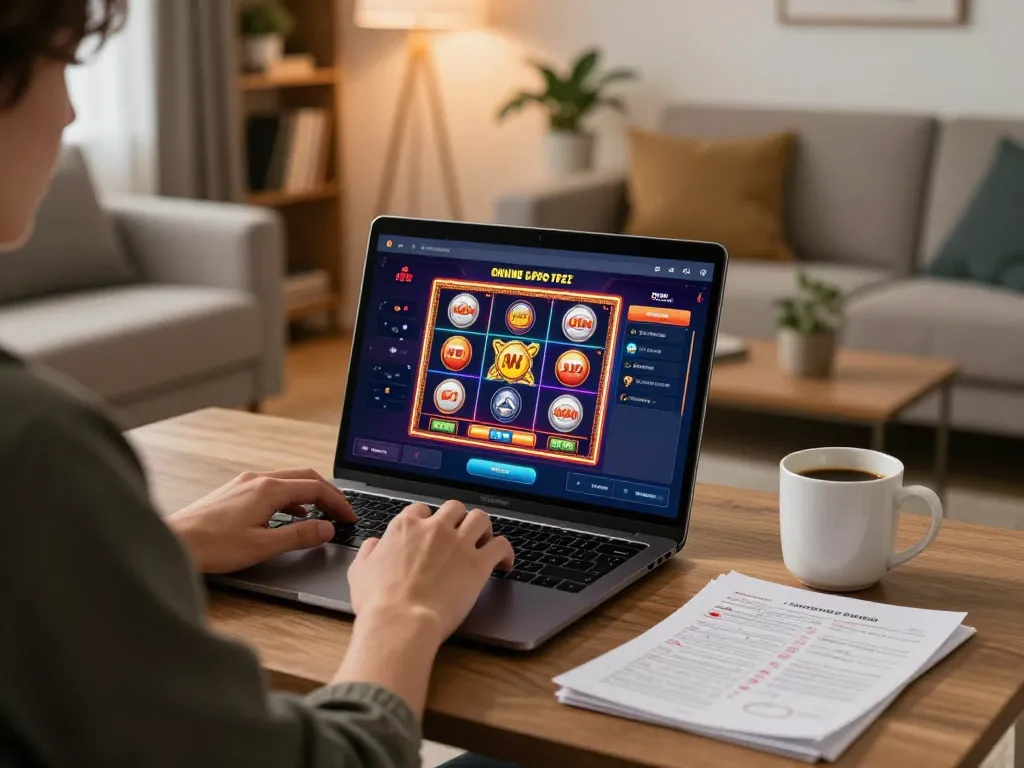 Player enjoying online slots on 777vip platform in cozy living room setting.