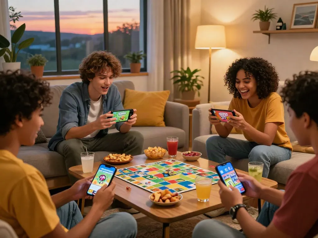Friends enjoying the Rumble Rummy app in a cozy living room with warm lighting.