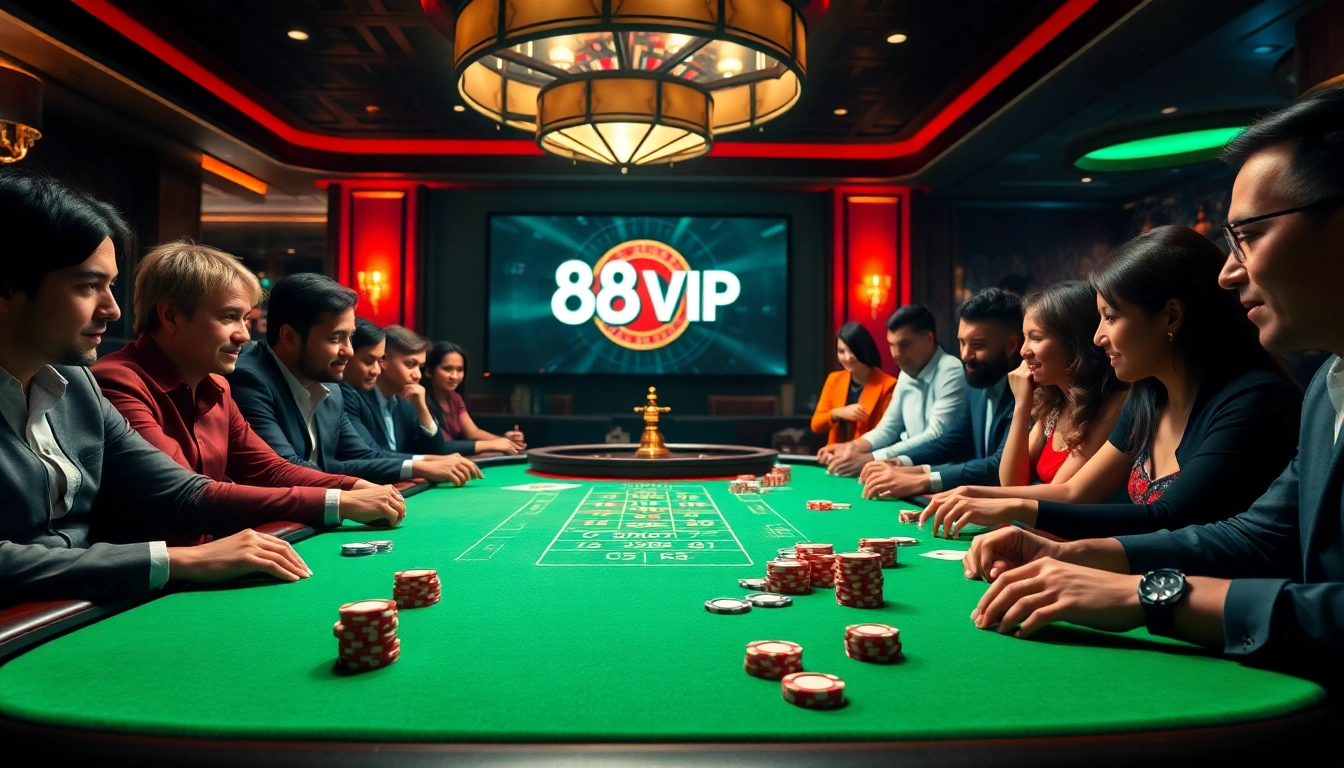 Players enjoying a thrilling poker game at a 68VIP casino table, showcasing vibrant poker chips and cards.