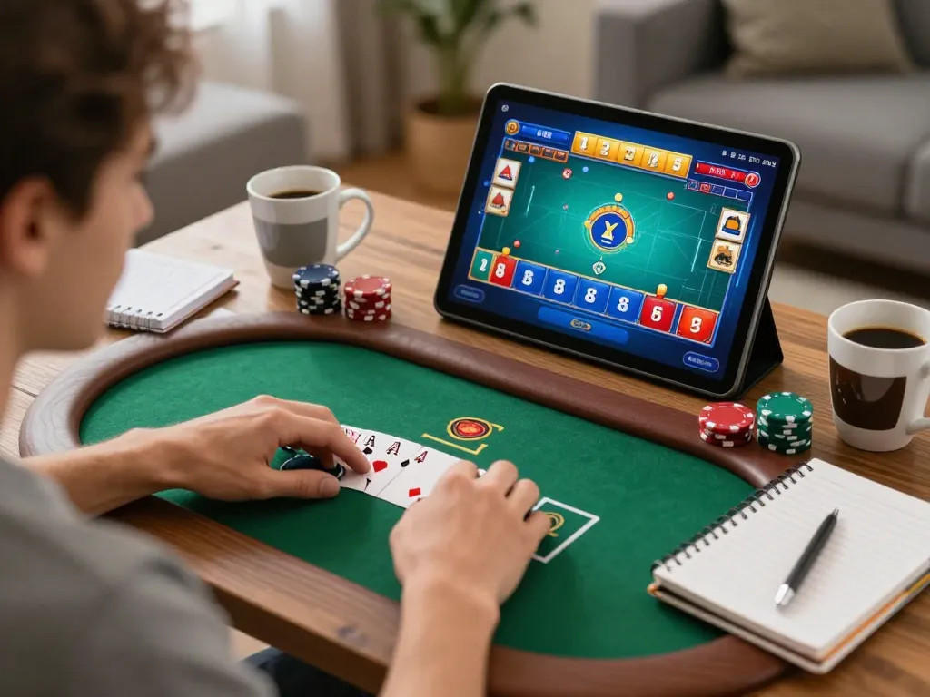 Pemain RANDOM88 memasang taruhan dalam permainan poker online yang menarik di tablet.