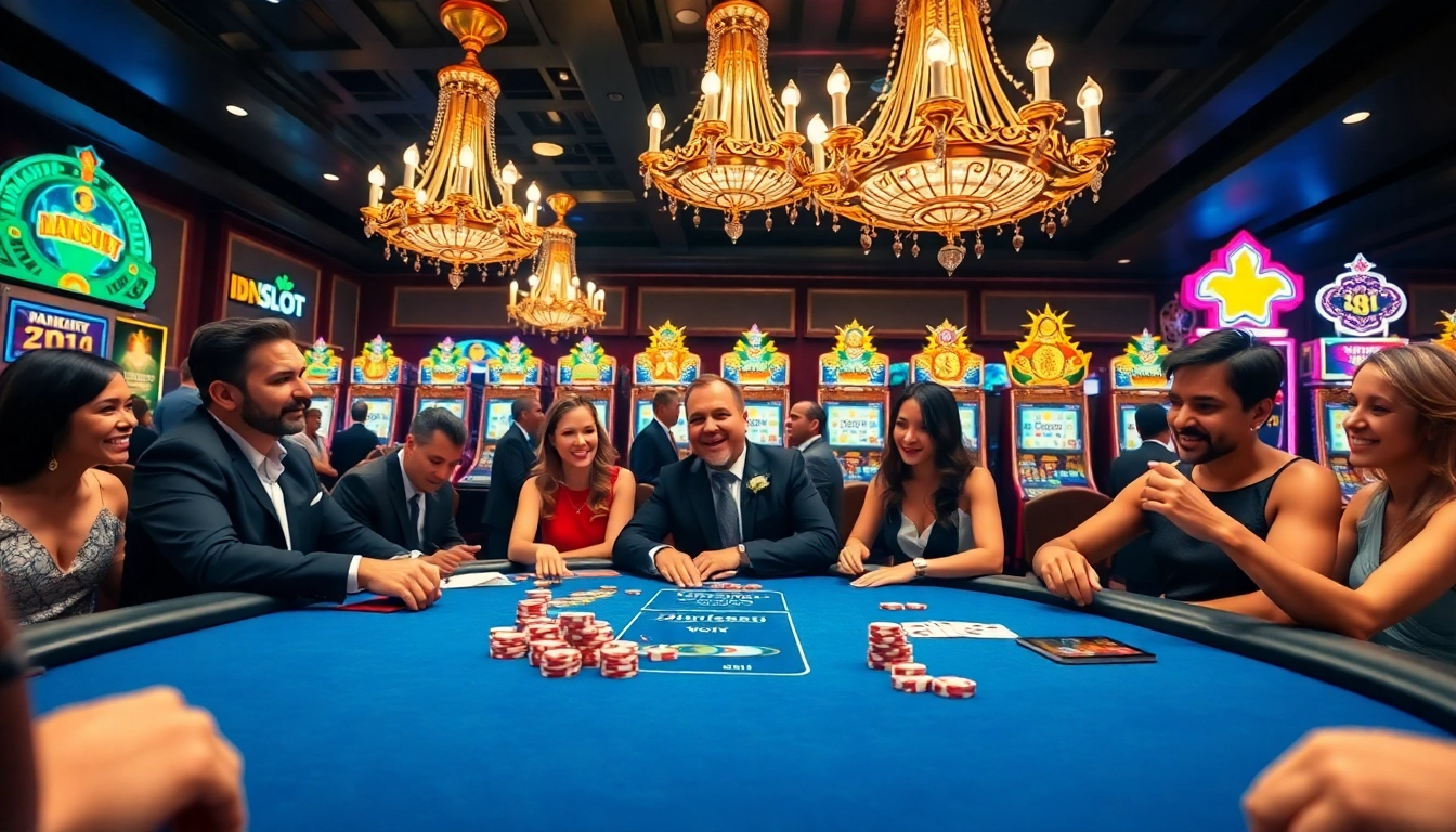 Engaging at the idnslot table with poker chips and vibrant slot machines in a luxury casino.