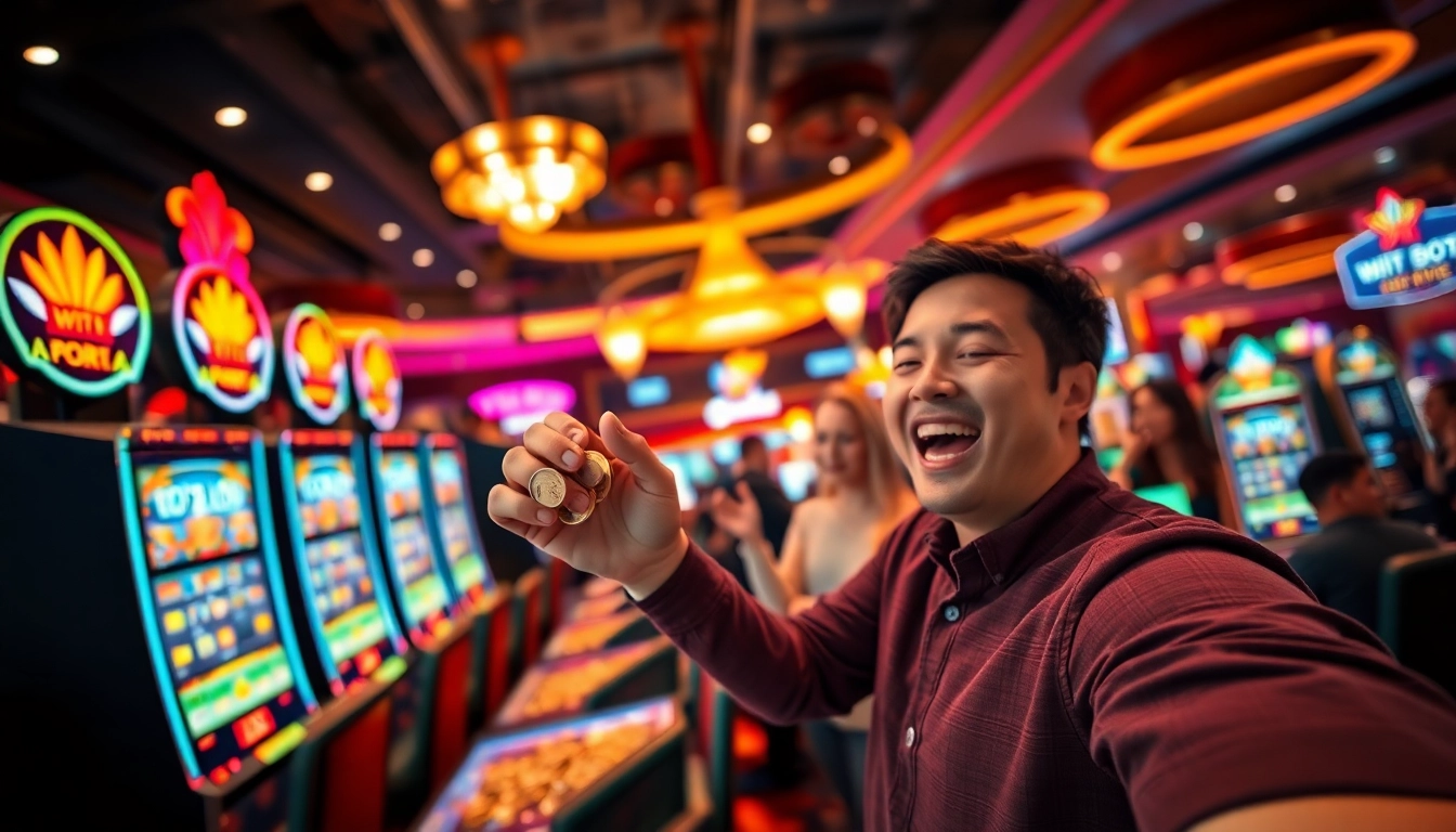 Player celebrating a win in a lively casino, highlighting the arus hoki atmosphere of excitement.