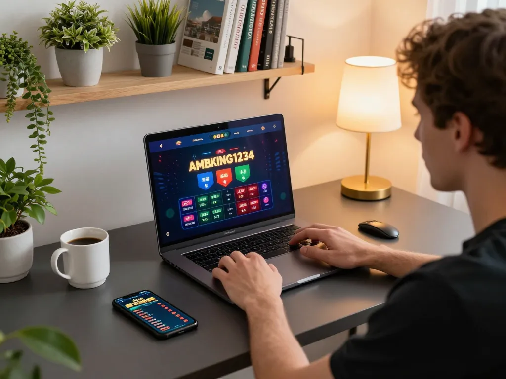 Enjoying online gambling at AMBKING1234 with m108 betting interface on laptop
