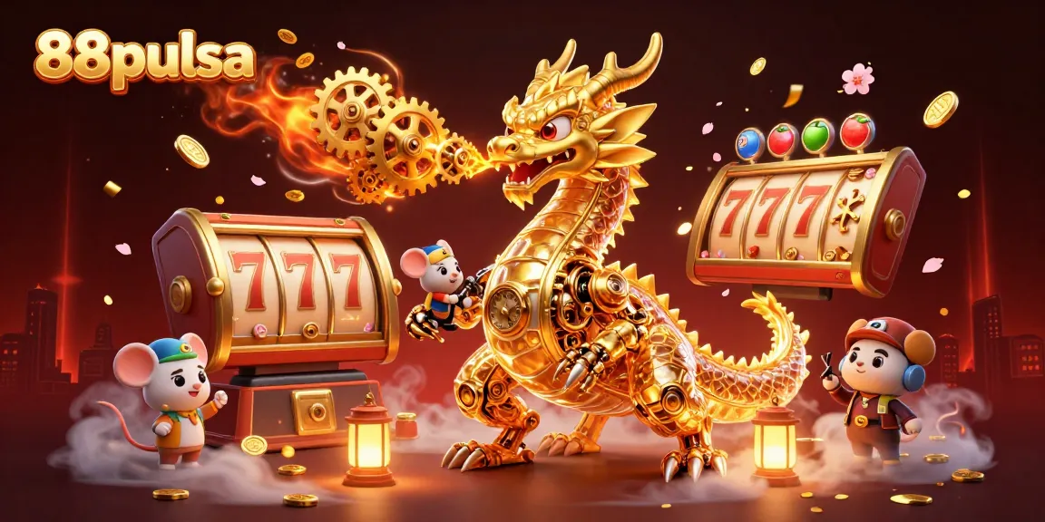 Experience the thrill of 88pulsa with an engaging illustration of a golden dragon and slot reels.