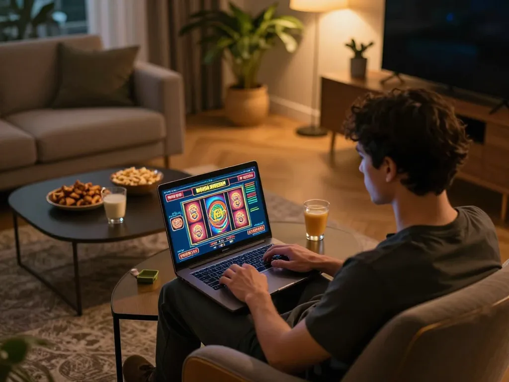Engaging in non Gamstop online casino gameplay on a laptop in a cozy setting