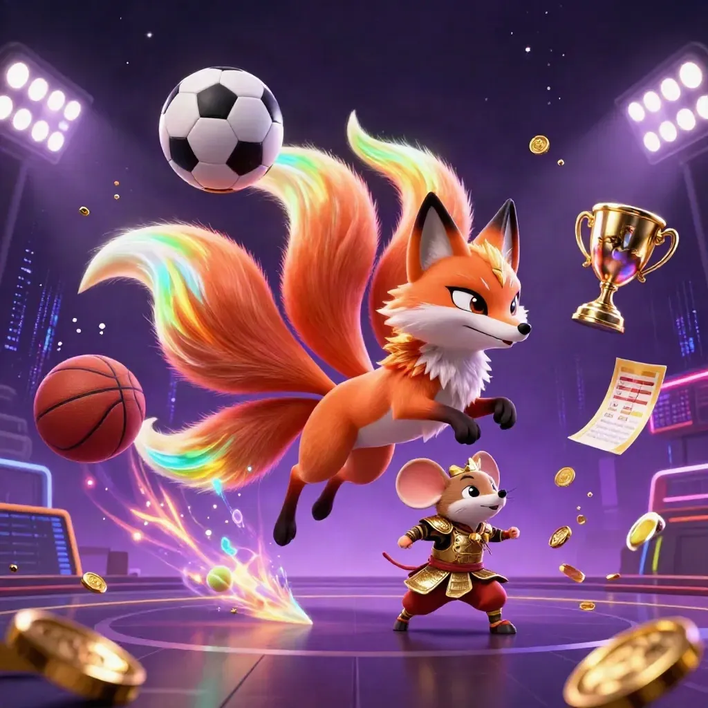 Fox spirit and gold-armoured mouse amid flying sports balls, trophy sparks, and neon casino light.