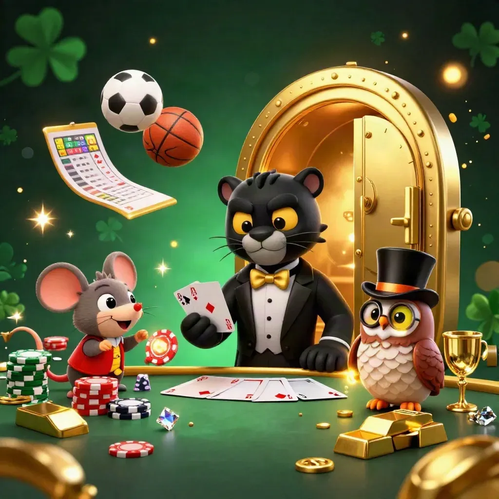 Cartoon panther, owl, and mouse amid casino riches, soccer ball, basketball, and gold vault glow.