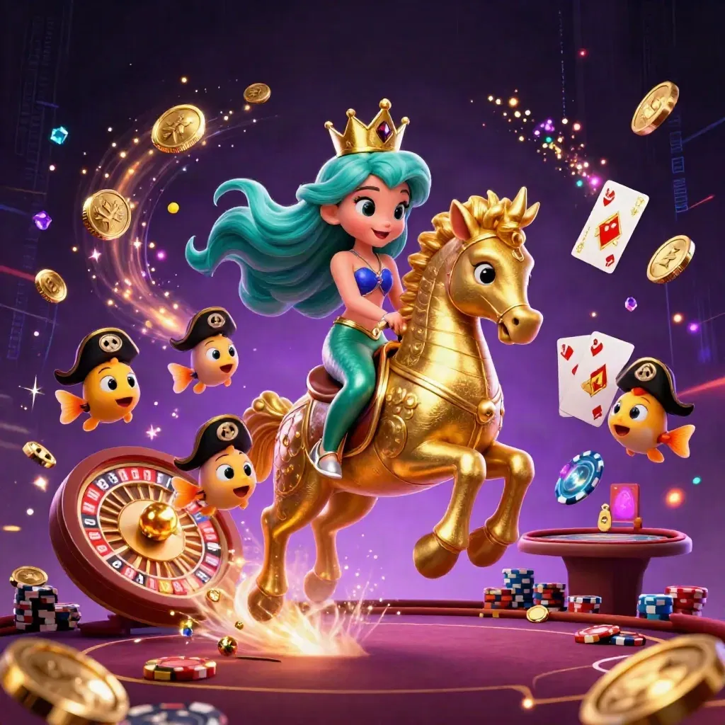 Mermaid princess on golden seahorse amid coins, cards, chips, and glowing casino magic.