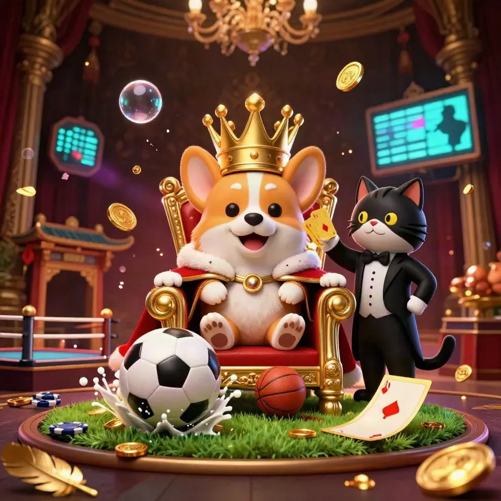 Royal corgi and cat butler amid flying soccer ball, chips, coins, and neon casino lights.