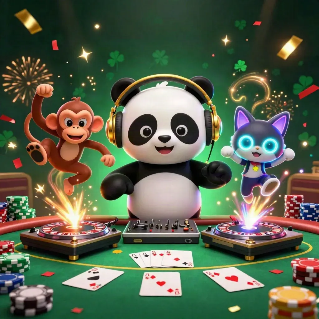 DJ panda, breakdancing monkey, and rave kitten in a luxe casino poker explosion.
