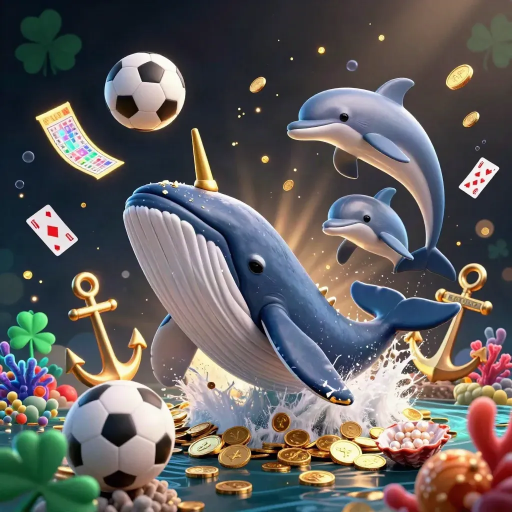 Whale captain, narwhal and dolphins erupt through coin spray in a glowing underwater casino cove