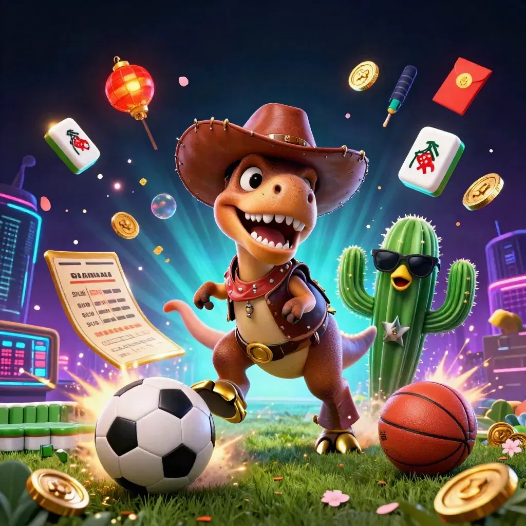 Cowboy T-Rex, cactus sidekick, and roadrunner burst through neon casino sports chaos.