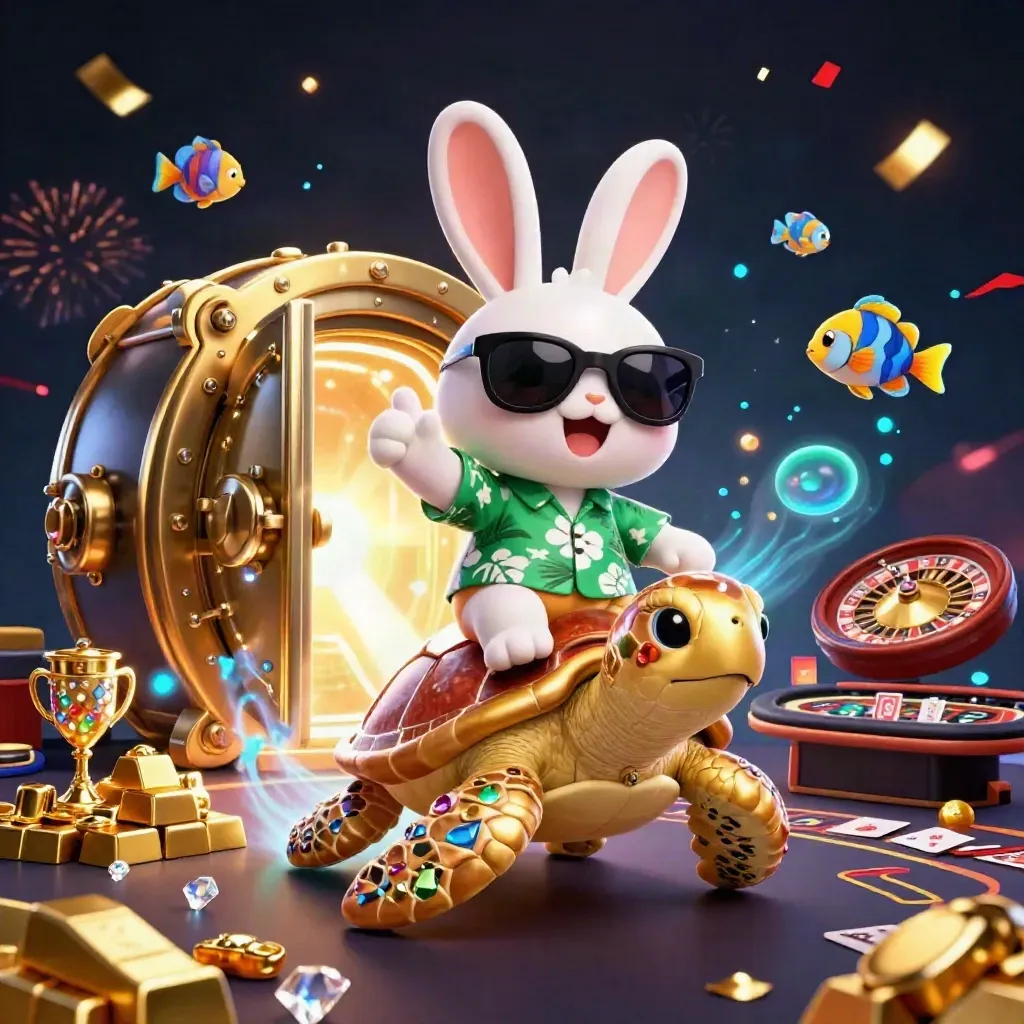 Cartoon rabbit on a golden sea turtle amid casino treasure, lights, and a spinning roulette wheel.