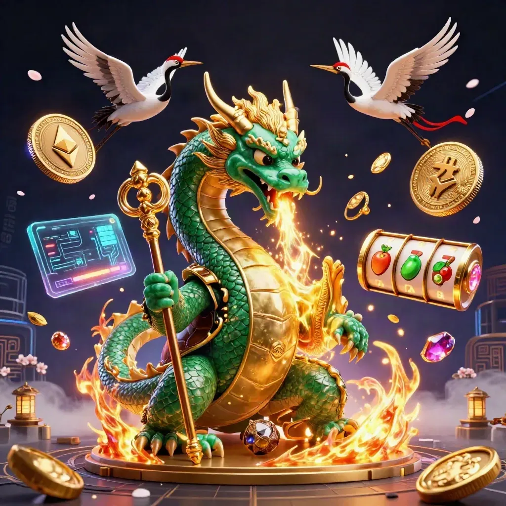 Emerald dragon, turtle sage and red-ribbon cranes amid gold fire, coins, neon grid and casino loot.